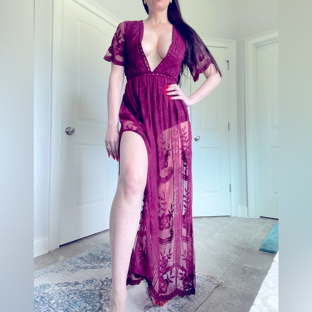 Honey Punch Burgundy/Wine Lace Romper Maxi Dress